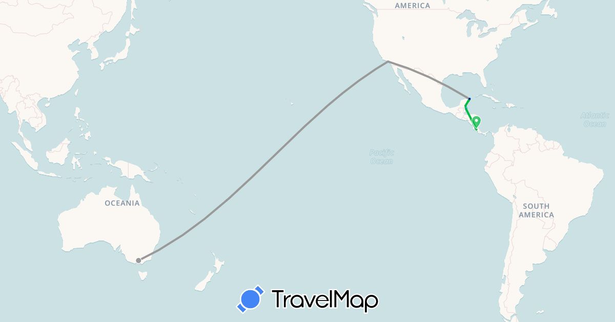 TravelMap itinerary: driving, bus, plane, boat in Australia, Belize, Mexico, United States (North America, Oceania)